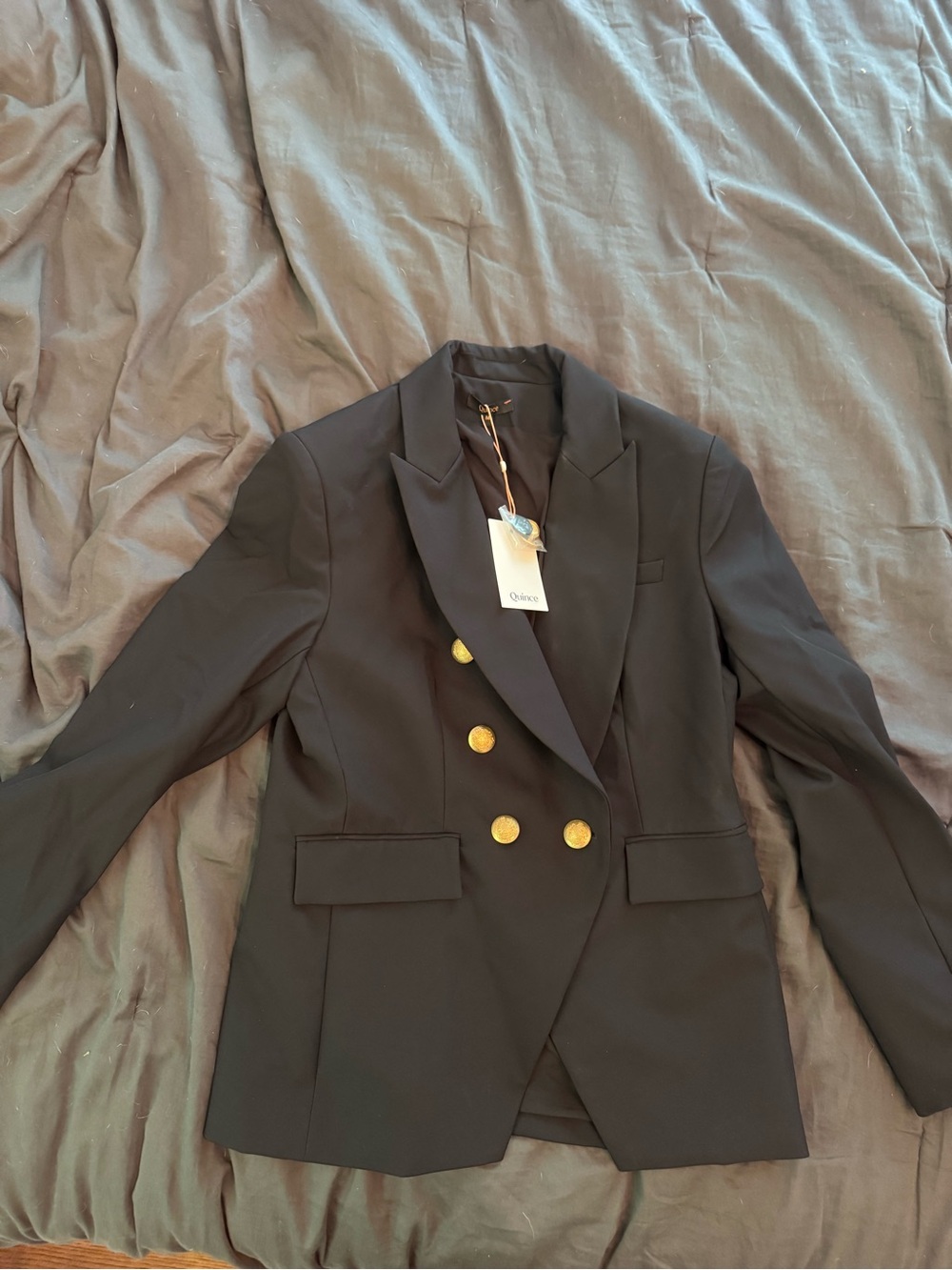 Quince Black Double-Breasted Blazer with Gold Buttons